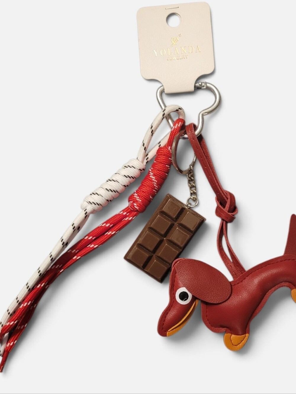 Red Dachshund Charm Keychain with Chocolate Bar Accent
